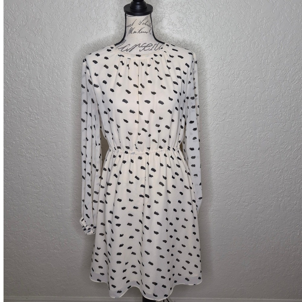 H&M Cream and Black Abstract Brushstroke Long Sleeve Fit Flare Dress Small